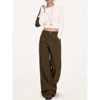 美式覆古棕咖色高腰阔腿