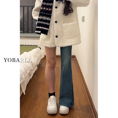 覆古高腰微喇牛仔裤女春