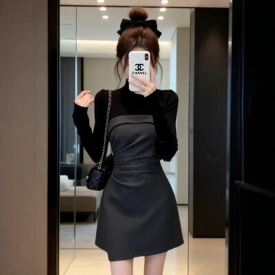 韩系不规则拼接假两件长