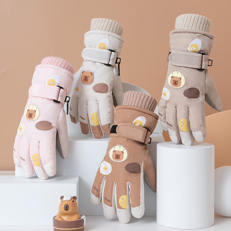 卡皮巴拉中大童户外滑雪手套加绒加厚棉防风防水泼保暖男女儿童冬