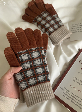 可触屏~复古红格子手套女冬季加绒保暖韩国ins博主款针织毛线学生