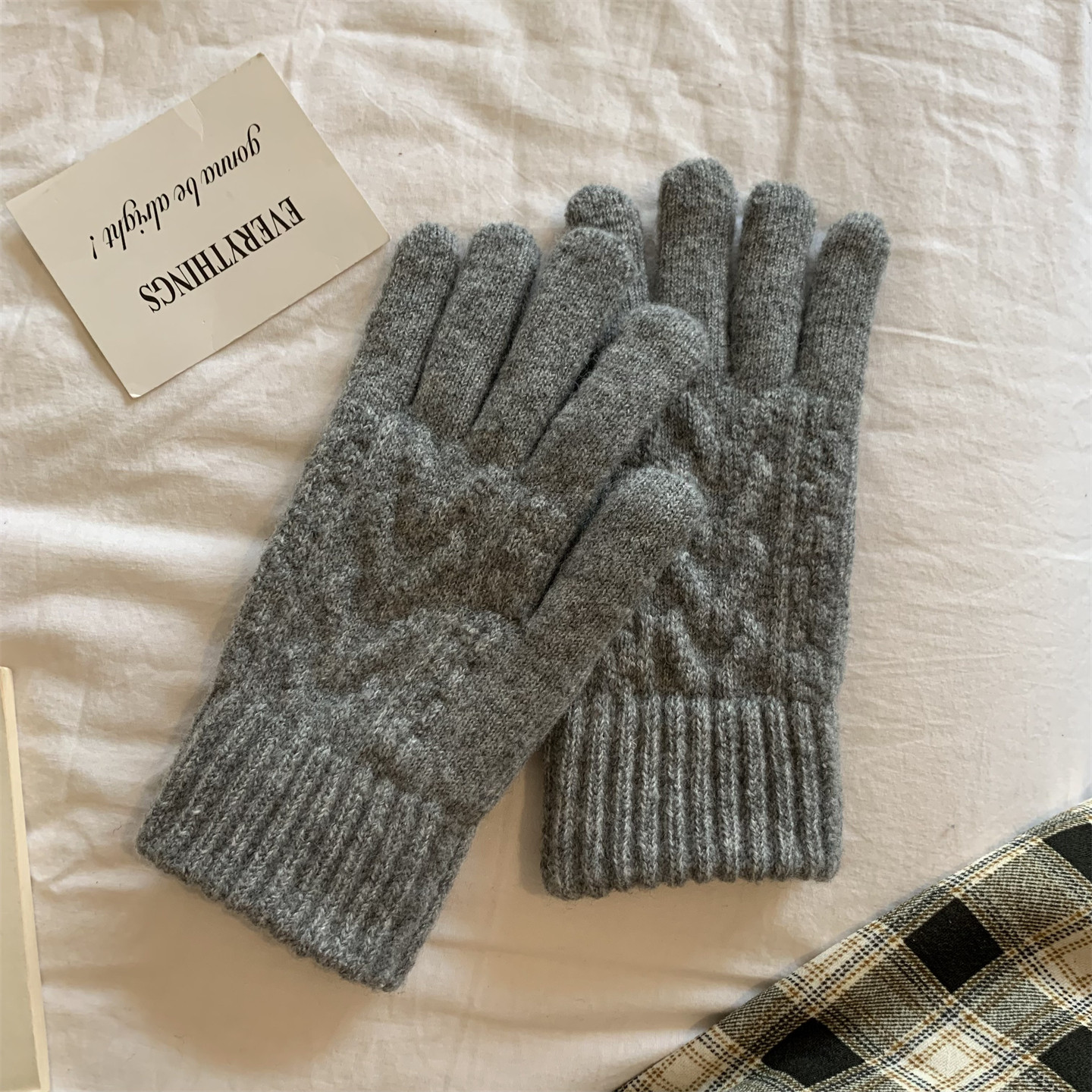 韩国简约纯色麻花加绒触屏手套女防寒风保暖学生骑车灰色手套冬季