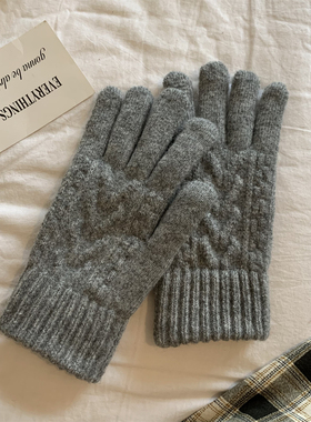 韩国简约纯色麻花加绒触屏手套女防寒风保暖学生骑车灰色手套冬季