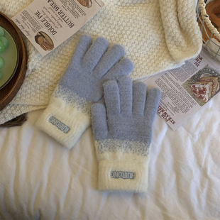 下雪了~软糯蓝色保暖手套女冬天韩版可爱百搭加绒学生骑车触屏ins