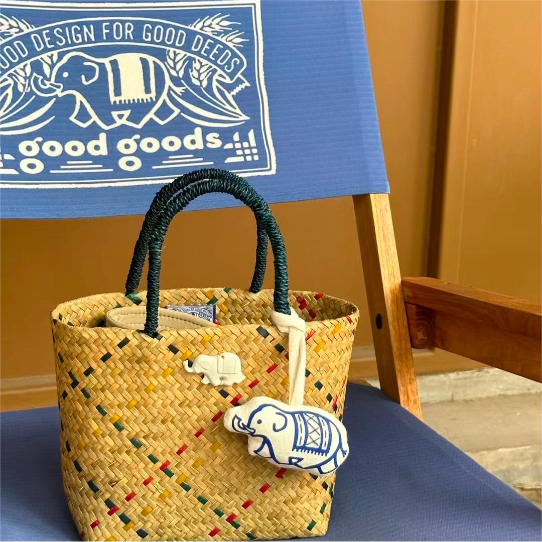 泰国 绝美宝藏包包 good goods 拼色草编包 手提包手工编织菜篮子