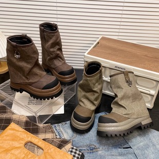 管靴女款 小众设计中筒靴潮7cm厚底裤 短靴甜酷辣牛仔布马丁靴百搭