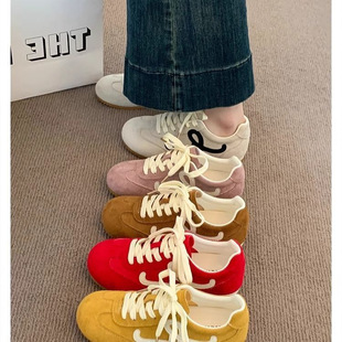 女款 子平底透气休闲运动板鞋 2025春秋新款 女鞋 爆款 黄色皮面德训鞋