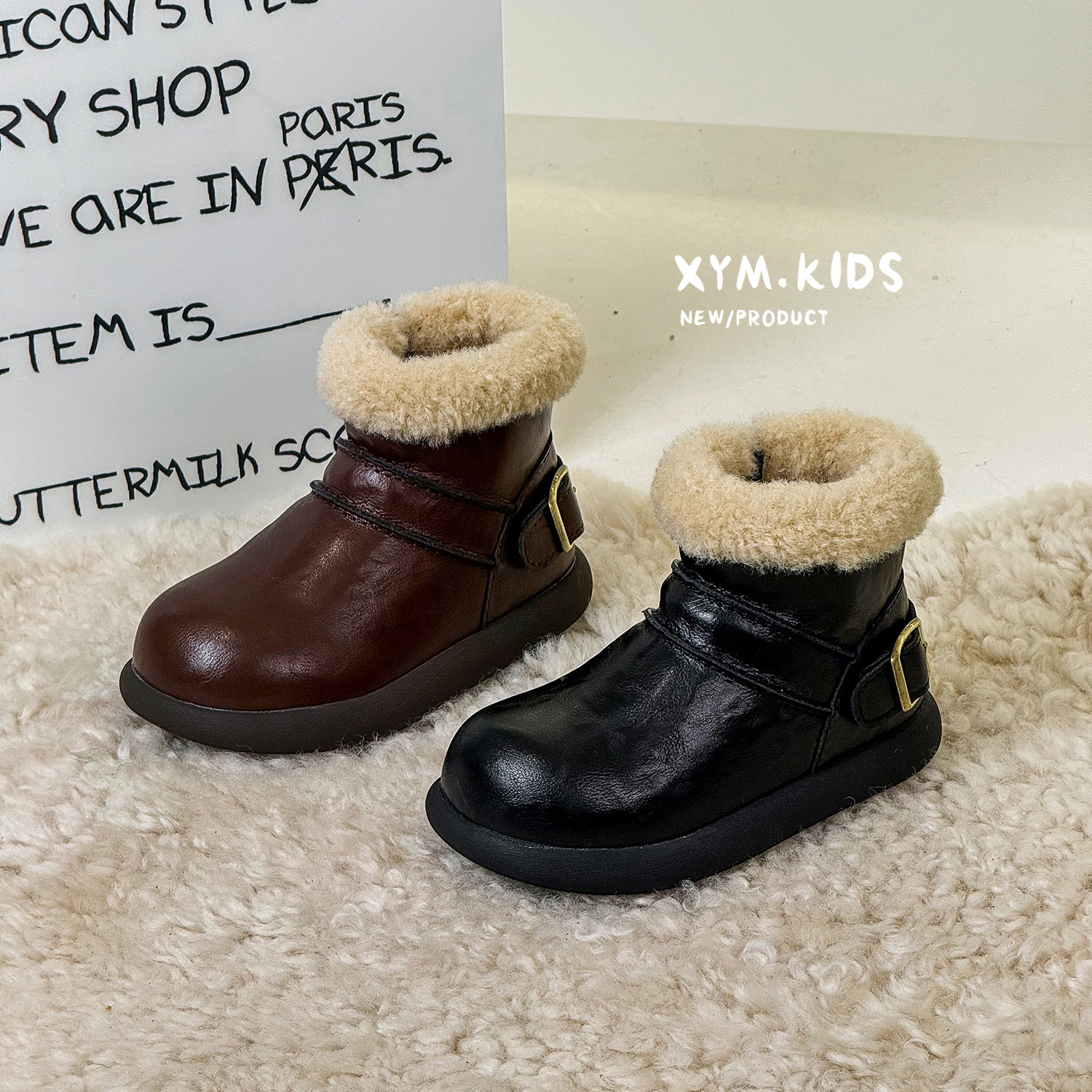 儿童大棉靴子复古皮带扣毛毛口