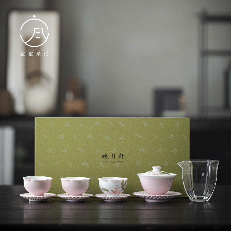 宜室茶话 手绘粉百合整套茶具 功夫茶具盖碗茶杯家用茶礼茶具