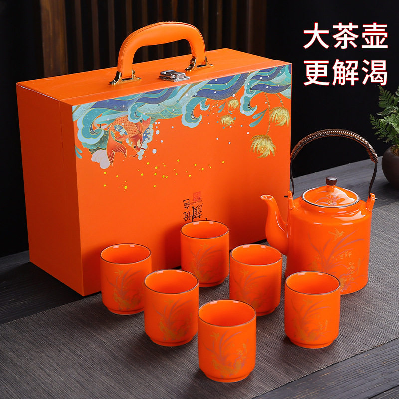 厂家直销德化陶瓷茶具套装大号影青提梁壶家用现代简约大茶壶茶杯