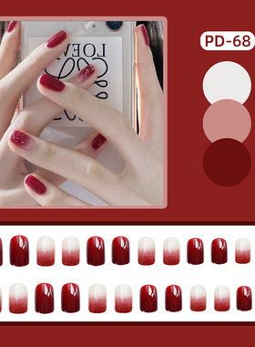 ，PD-68红渐闪粉假指甲片穿戴美甲贴成品甲片贴24片美甲贴