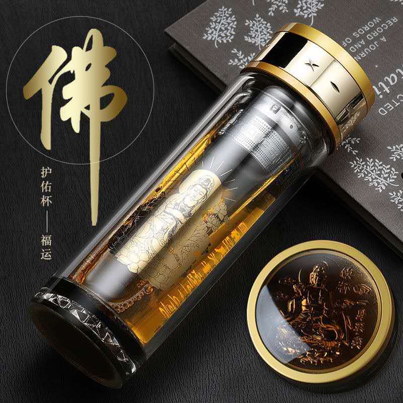 新款耐热玻璃杯大明咒福运杯子双层圆形精致泡茶杯家用水杯包邮