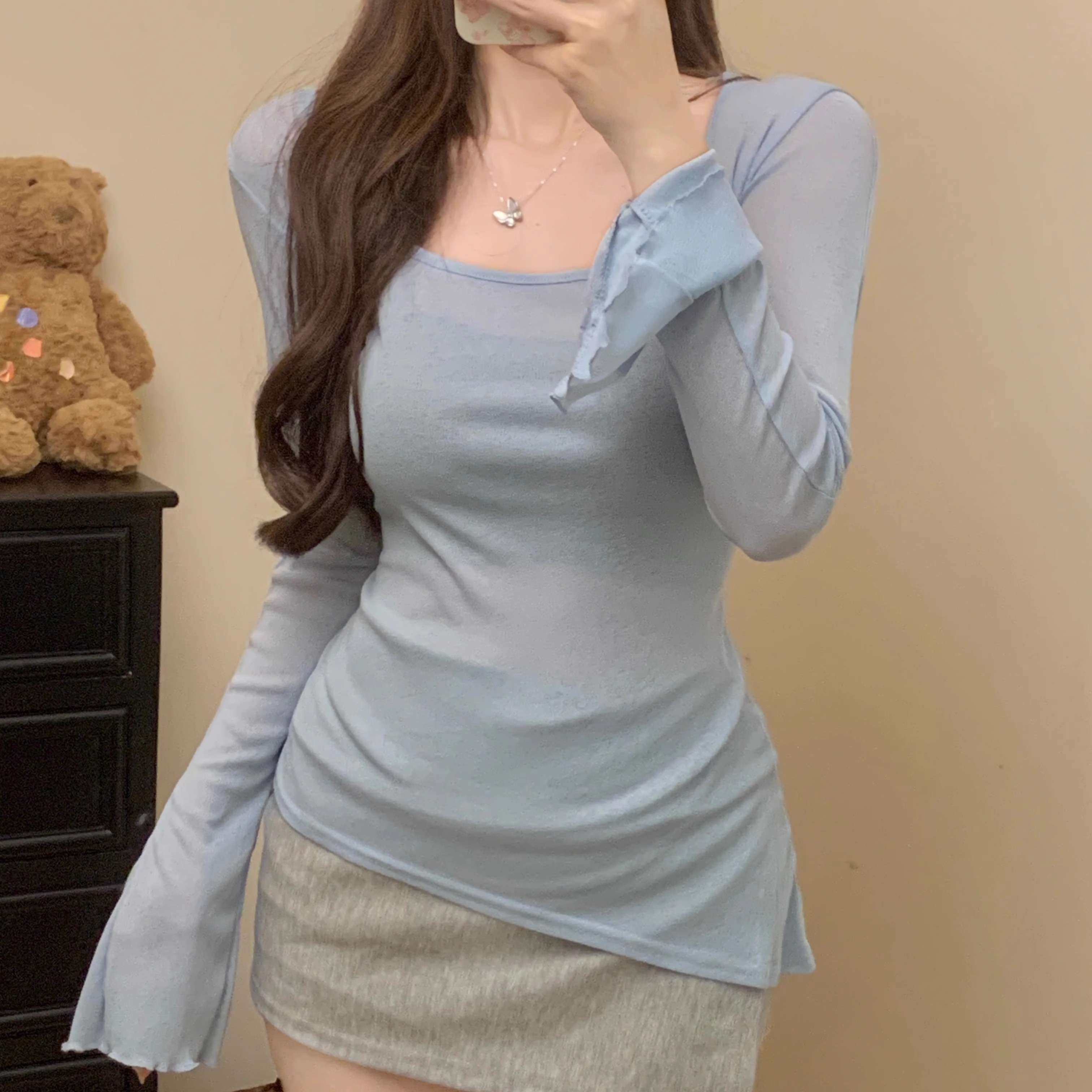 露肩喇叭长袖透视T恤夏季胖mm大码200斤甜辣妹收腰不规则修身上衣