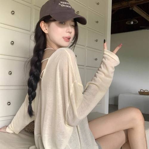 露背轻薄长袖防晒罩衫T恤