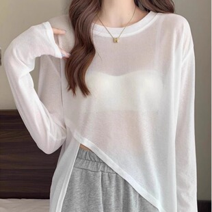 空调衫 200斤宽松长袖 薄纱微透上衣 女夏胖mm大码 不规则防晒T恤罩衫