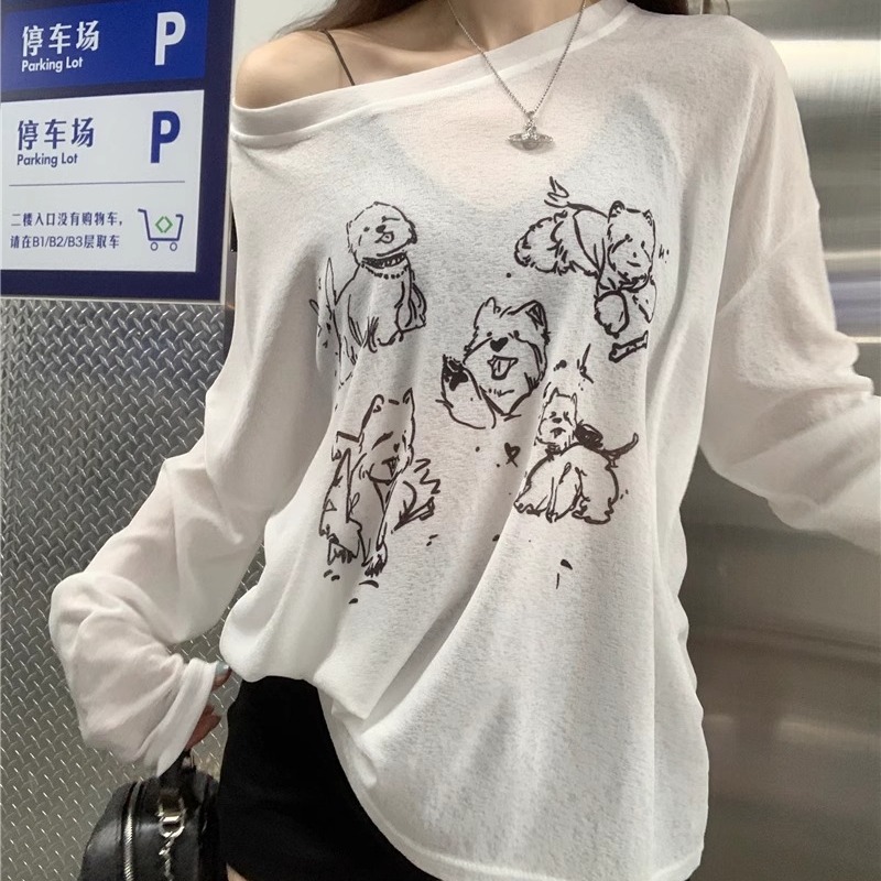 慵懒风趣味卡通印花长袖T恤女