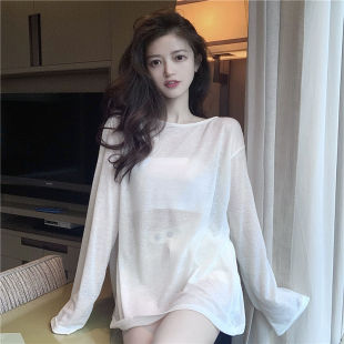 微透冰丝上衣罩衫 200斤长袖 宽松胖mm大码 白色外穿防晒T恤女夏薄款
