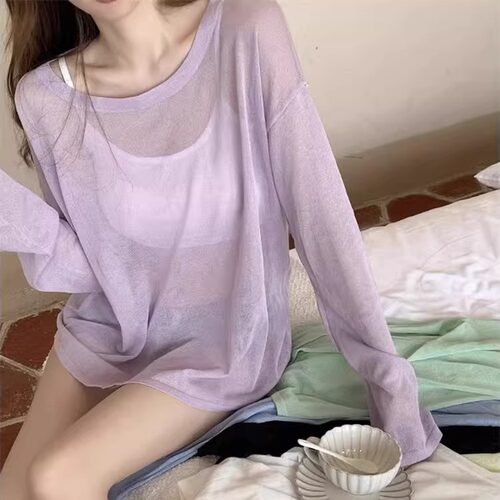 慵懒风微透冰丝长袖T恤女