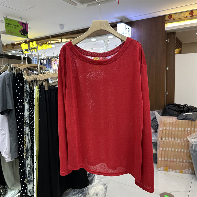 纯色一字领长袖防晒罩衫T恤女夏季胖mm大码200斤宽松外搭叠穿上衣