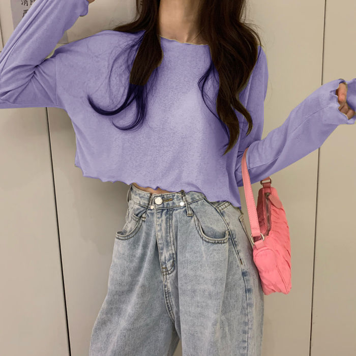 冰丝套头罩衫女夏季薄款防晒衫外搭短款上衣网纱宽松大码长袖T恤