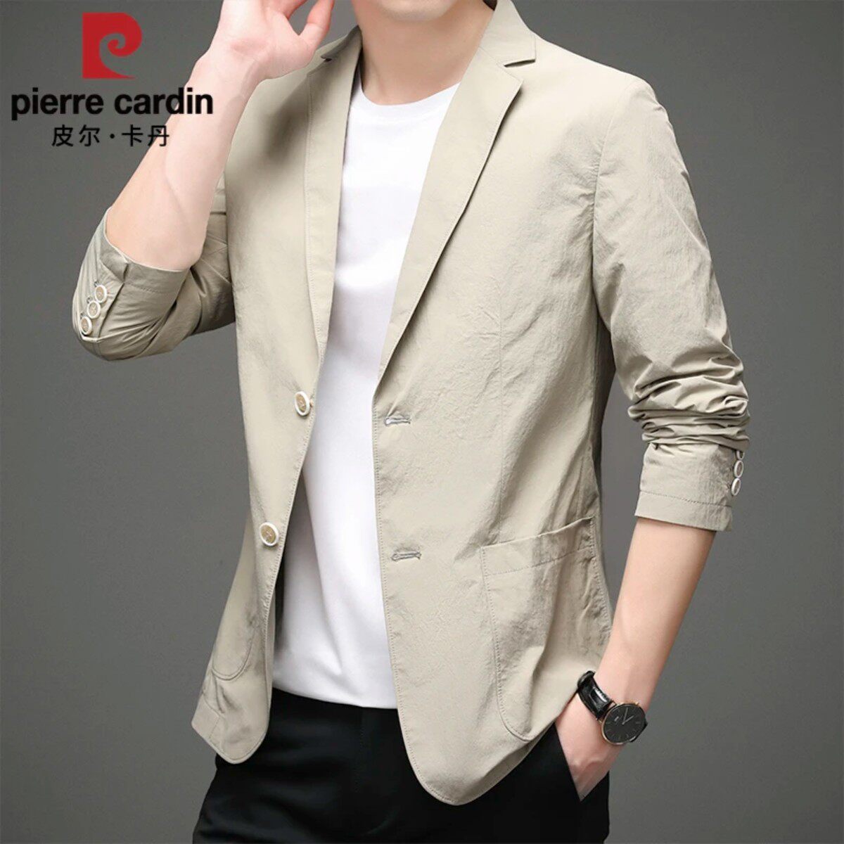 皮尔卡丹春季新款男士商务休闲西服薄款修身西装纯色棉质单西外套