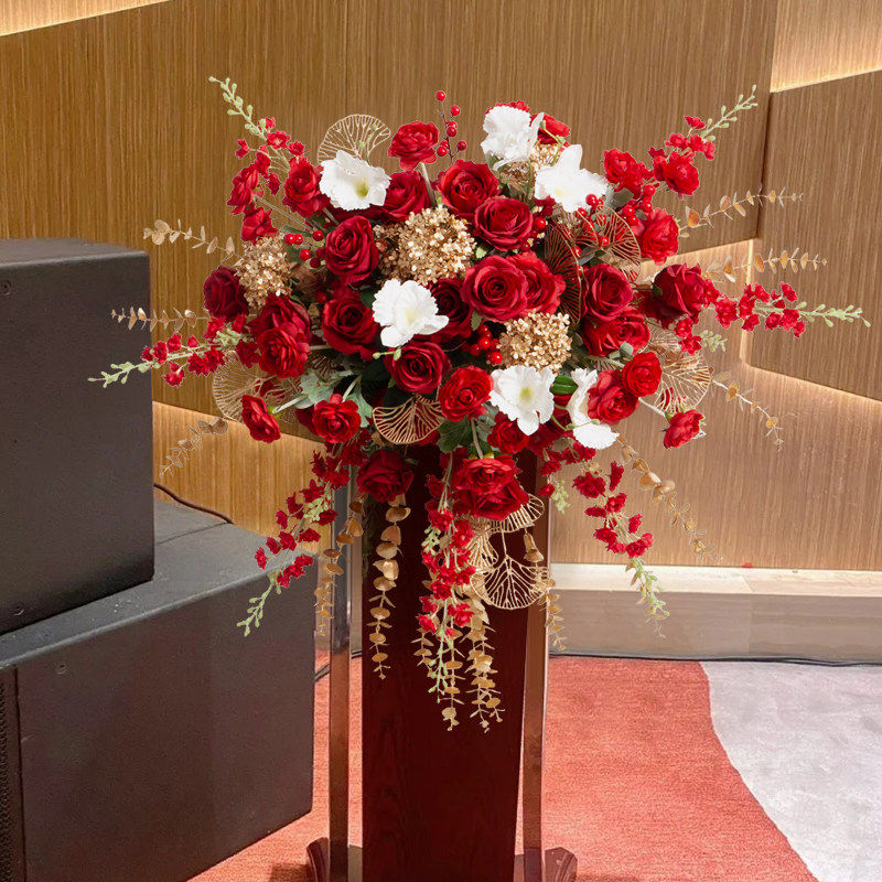 讲台花仿真花金红色婚礼庆典讲座假花会议主席台装饰挂花商务花艺