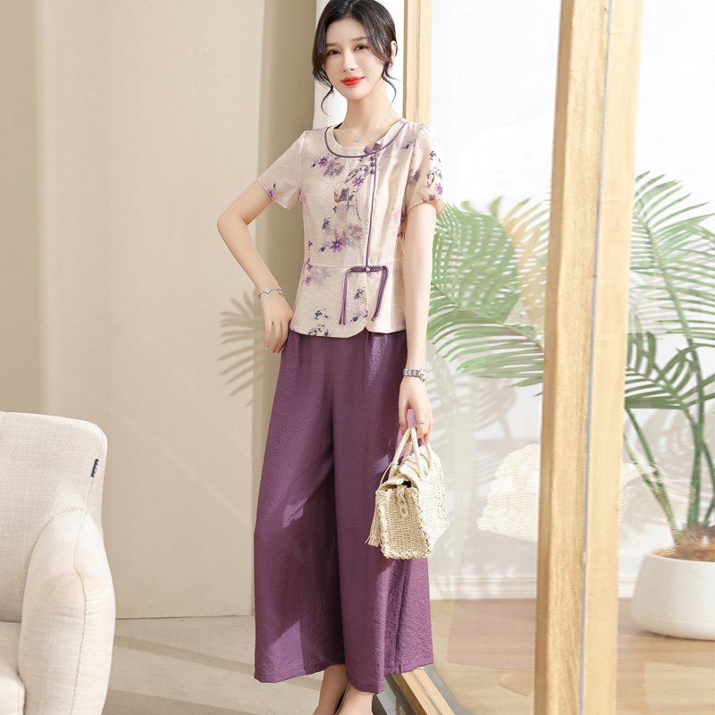 速发小个子妈妈夏衣套装印恤t花小衫薄款上装服中老年夏季衣服