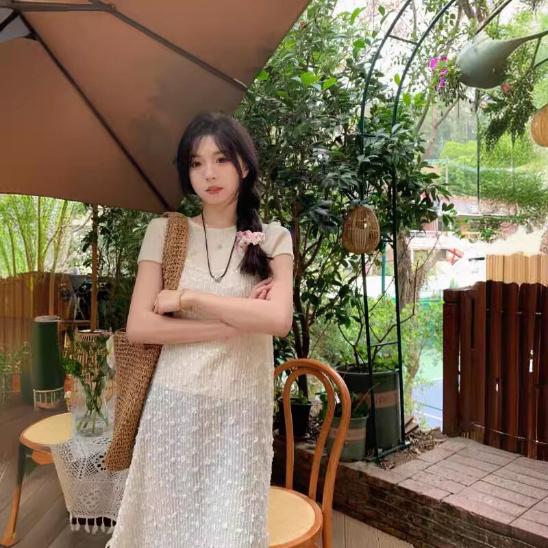 高货2024女装早春季短袖针织T恤两件套开叉系带蕾丝罩衫连衣裙套