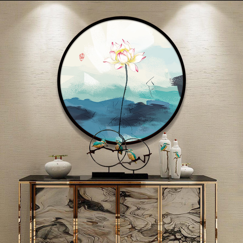速发荷花挂画圆形玄关装饰画客厅沙发背景墙壁画新中式茶室禅意莲图片