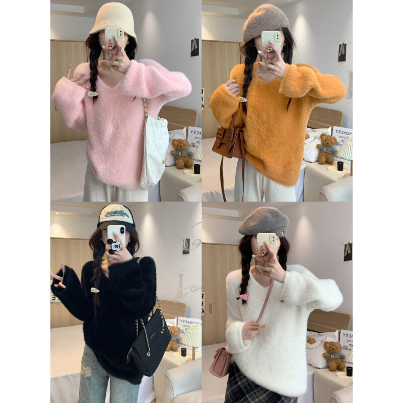 高货法式甜美慵懒风毛衣女秋季长袖小个子v领设计感宽松休闲套头