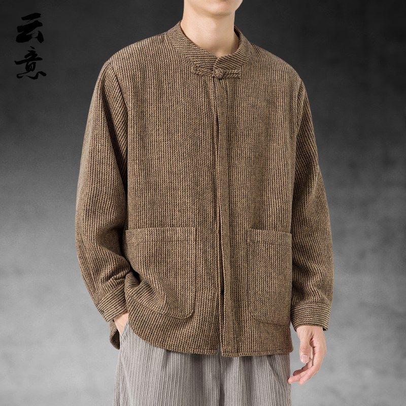 速发春新中码唐装男中国风毛呢加厚开衫服闲外套大式汉休盘扣夹克