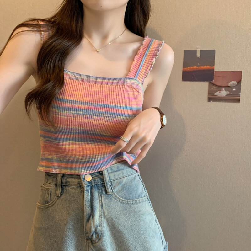 高货复古辣妹彩虹条纹背心女夏季新款设计感木耳边小众短款无袖上