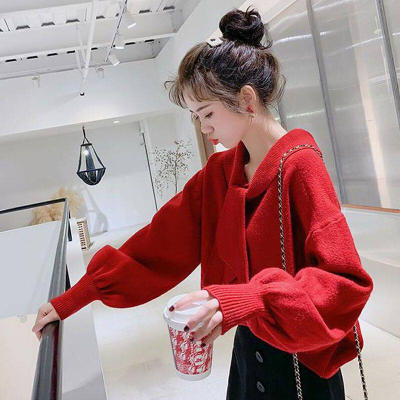 高货娃娃领红色毛衣女宽松外穿2024春季新款蝴蝶结针织衫上衣女慵