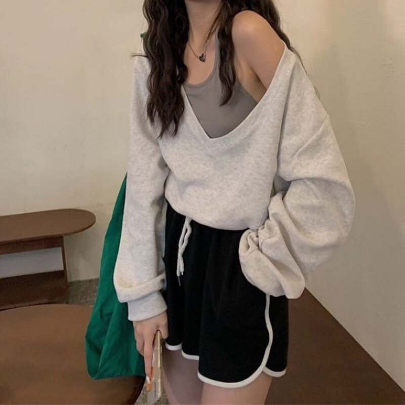 高货拼接卫衣女假两件撞色春秋季薄款宽松短款露肩辣妹炸街别致上