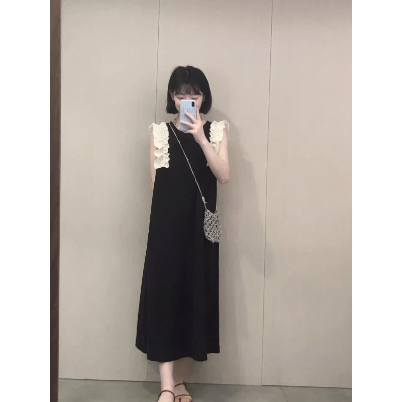 高货法式轻熟赫本风花边小飞袖黑色连衣裙女夏显瘦气质无袖背心长
