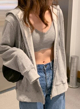 速发灰色连帽开衫卫衣202新款潮韩秋宽松百搭版春薄款外套休闲上