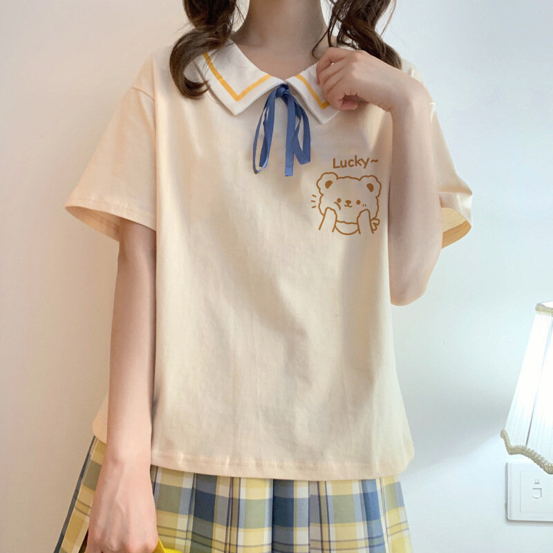 高货翻领系带少女短袖t恤衫夏季2024新款可爱海军领初中学生甜美