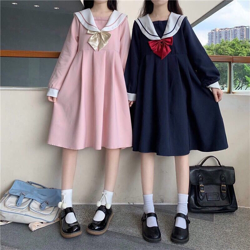 高货学院风半身长袖连衣裙女甜美可爱日系韩版jk短袖海军领闺蜜a