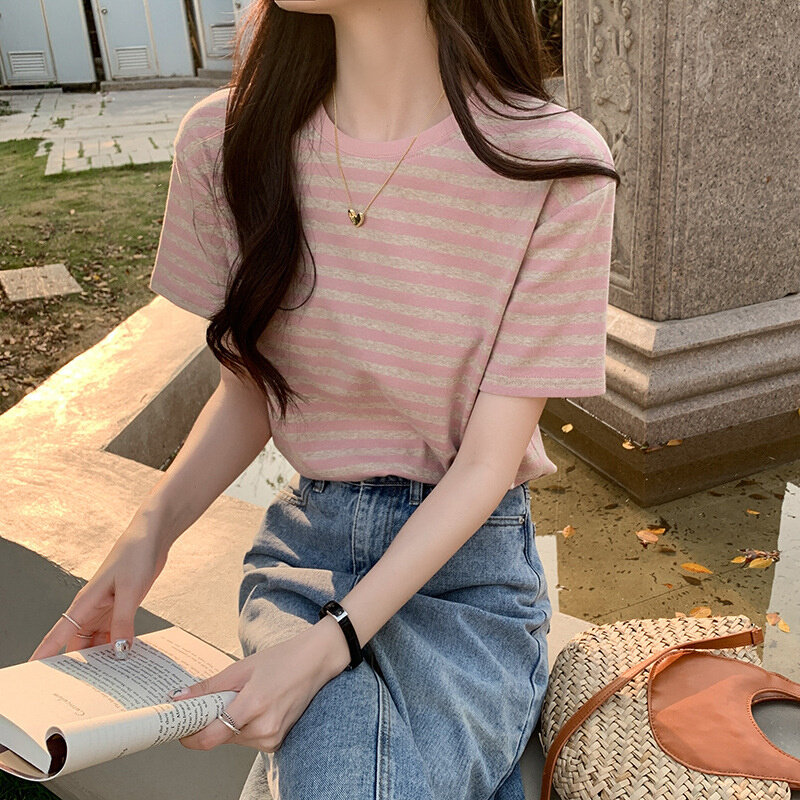 高货紫色条纹T恤女设计感盐系显瘦宽松打底衫2024新款夏季短袖上