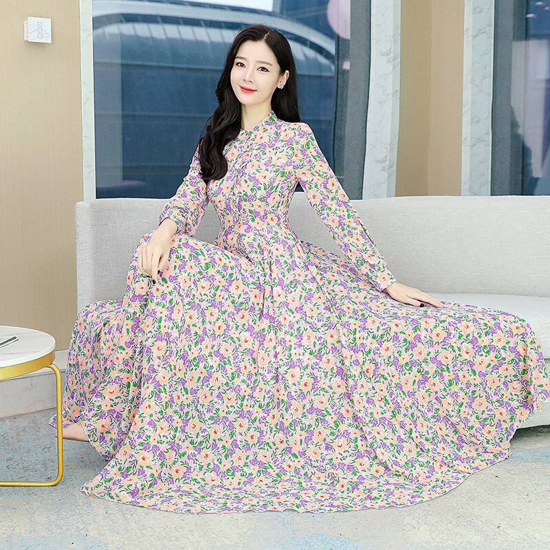 高货法式长袖印花雪纺连衣裙2024年早春女装新款气质名媛收腰显瘦