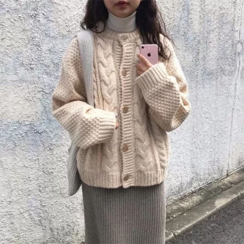 高货毛衣女春秋韩版宽松外穿麻花复古法式慵懒风网红针织开衫外套