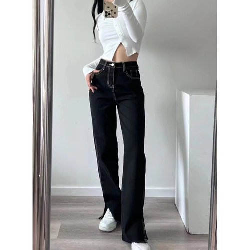 速发夏季新款欧美女装时尚水洗明线拼接开叉直筒牛仔裤长裤K11230