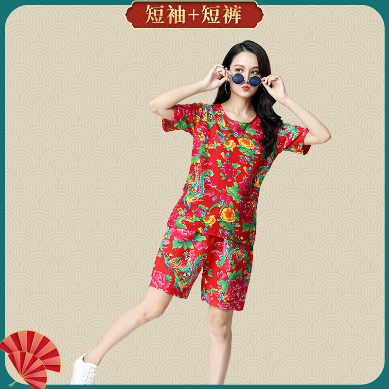 速发东北大花布衣服夏抖音网红同款短袖套装二人转演出服男女花布
