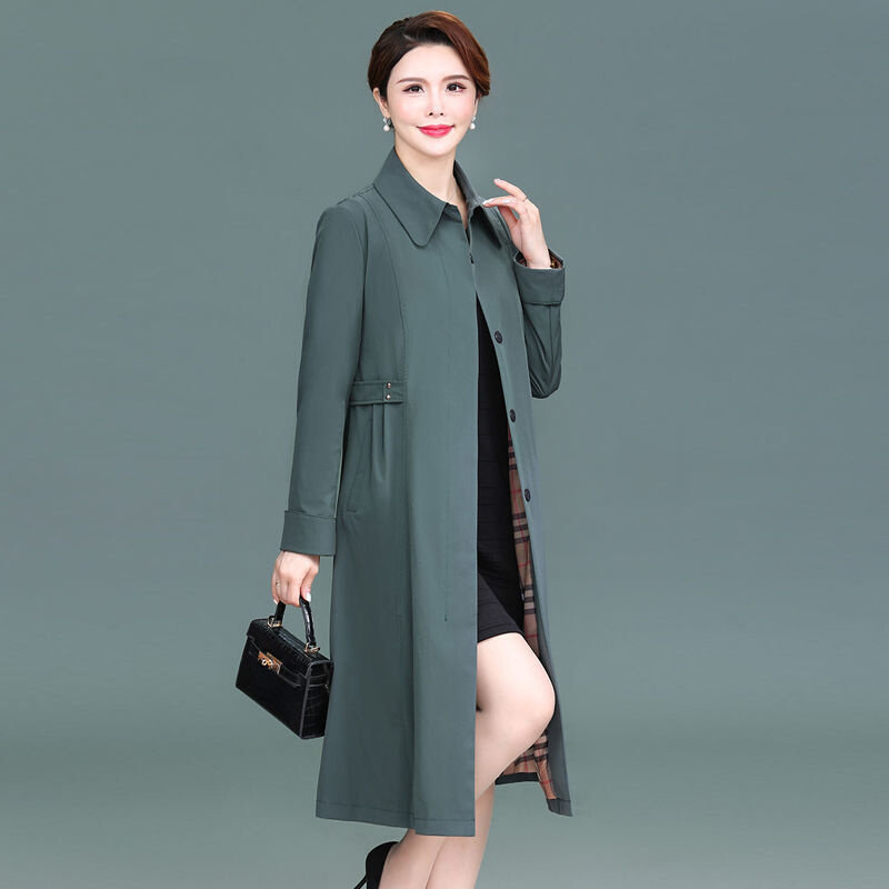 高货高档风衣女中长款2024秋装新款中年妈妈时尚纯色洋气韩版大码