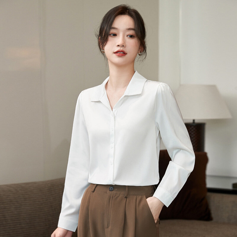高货2024年春季新款复古缎面白色衬衫女长袖百搭显瘦通勤法式雪纺