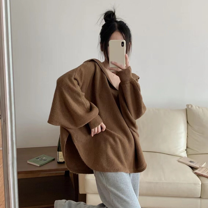 高货新款套头百搭海军领V领纯色毛衣针织衫女宽松显瘦蝙蝠袖洋气