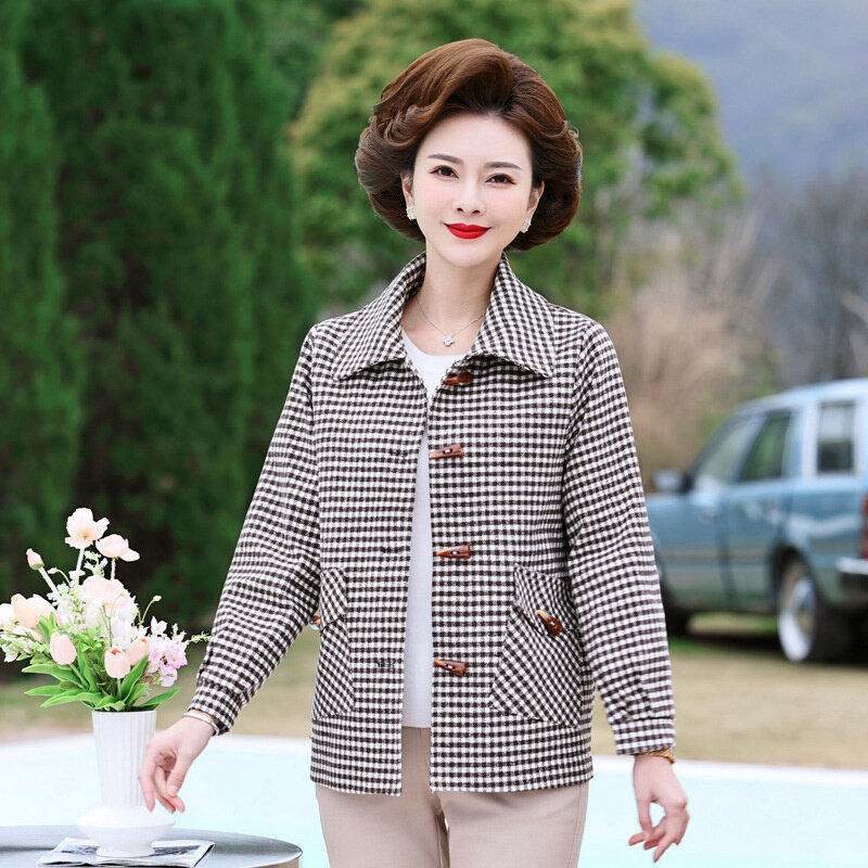 高货中老年春秋外套女毛呢短款洋气休闲妈妈春装格子上衣时尚2024