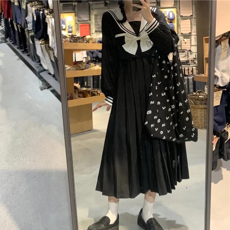 速发早秋大码00斤学院风海军领连衣秋春裙过膝长2子裙00斤