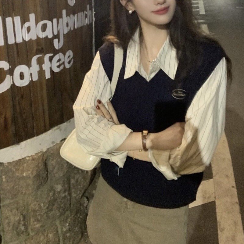 高货P自制韩版修身22年秋新款长袖条纹衬衫女早秋学院风叠穿衬衣