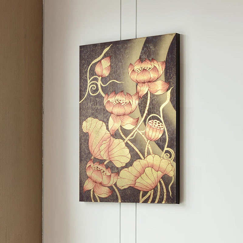 速发东南亚手绘荷花金箔画墙画壁画客厅玄关餐厅装饰画过道走廊挂图片